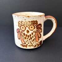 Vintage Speckled Stoneware Owl Mug &ndash; 1970s Hand-Painted Pottery Coffee Cup