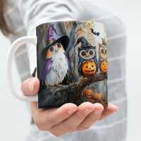 Five Witchy Owls Mug, Halloween Owl Coffee Cup, Cute Witch Owls with Jack O Lanterns, Spooky Woodlan