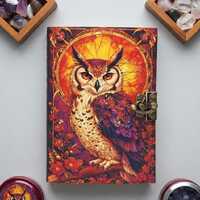 Vintage Leather Owl Journal with Deckle Edge Paper &ndash; Stained Glass Owl Grimoire, Sacred Wisdom