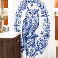 Blue Floral Owl Shower Curtain | Porcelain Inspired Bathroom Decor