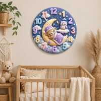 Sleeping Bear and Owl Kids Room Wall Clock | Pastel Starry Night Nursery Decor, Baby Shower Gift For