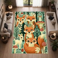 Fox Woodland Area Rug, Owl and Deer Forest Carpet, Green Mushroom Pattern for Kids Bedroom, Reading 