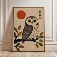 Owl Tufted Wall Art | Handmade New Zealand Wool Framed Textile Art | Japanese Zen Owl Decor | Nature