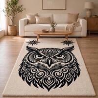 Hand Tufted Owl Wool Area Rug, Modern Black & White Handmade Carpet, Contemporary Statement Rug 