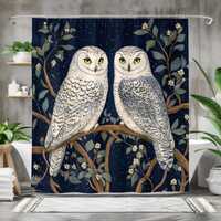 Snowy Owl Shower Curtain, Owl Bathroom Decor, Woodland Bird Bath Curtain, Navy Blue Botanical