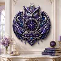 Personalized Celestial Owl Wall Clock, Purple Moon Custom Name Decor, Flat 2D Fantasy Clock, Mystica