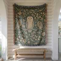 Owl Woven Blanket, Victorian Botanical Tapestry Throw, Forest Green Woodland Wall Hanging, Dark Cott