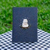 Navy Linen Notebook with Embroidered White Owl Nest, Winter Woodland Hardcover Journal Gift for Her