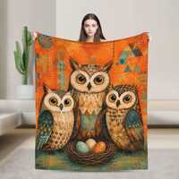 Boho Owl Family Fleece Throw Blanket, Vintage Rustic Owl Nest Print Cozy Flannel Blanket, Nature Dec