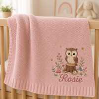 Personalized Knitted Baby Blanket, Embroidered Owl Name, Woodland Nursery Swaddle