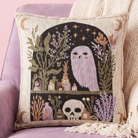 Whimsigoth Owl Woven Throw Pillow Dark Academia Apothecary Decor Goblincore Skull Cushion Witchy Bot