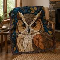 Owl Woven Blanket, Owl Tapestry Throw Blanket 54" x 60", Woodland Rustic Decor, Nature Cou