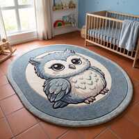 3D Owl Nursery Rug | Slate Blue Oval Tufted Woodland Baby Carpet for Kids Playroom