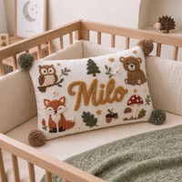 Custom Woodland Animal Name Cushion, Personalized Punch Needle Nursery Decor Pillow, Forest Bear Fox