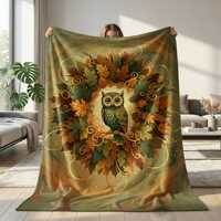 Autumn Owl Fleece Blanket, Cozy Fall Throw for Living Room, Woodland Nature Lover Gift, Rustic Cotta