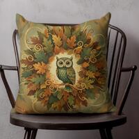 Autumn Owl Woodland Wreath Throw Pillow, Cottagecore Forest Gold Leaf Accent Pillow, Cozy Fall Natur