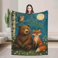 Bear Fox Blanket Woodland Nursery Throw Owl Decor Moonlit Forest Cottagecore Sympathy Gift Cozy 300g