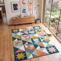 Hand-Tufted Wool Woodland Fox Owl Rug &ndash; Geometric Mid-Century Modern Decor
