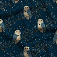 Whimsical Owl Fabric - Quilting Cotton Print - Navy Blue, Gold Stars, and Cream Owls - by American F