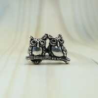 Two Owls Sterling Silver Ring, Oxidized Boho Statement Jewelry