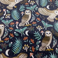 Owl Fabric with Moths, Mushrooms Ferns