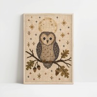 Owl Print Cross Stitch Wall Art, Primitive Folk Autumn Sampler, Vintage Linen Farmhouse Decor, Digit