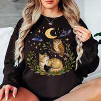 Starlight Lynx And Owl Sweatshirt, Celestial Woodland Lynx And Owl Pullover, Starlight Woodland Scen