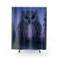Owl Face Forest Shower Curtain | Nighttime Tree Silhouette Bathroom Decor