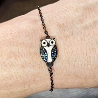Gunmetal Black Owl Bracelet - Abalone Shell Inlay - Adjustable Custom Length Slider Chain
