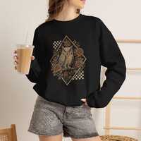 Vintage Owl Illustration Crewneck Sweatshirt | Floral Diamond Frame, Checkered Accent
