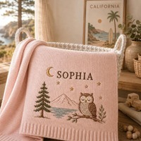 Personalized Embroidered Woodland Owl Baby Blanket, Custom Name Newborn Gift, Cute Forest Animal Kni