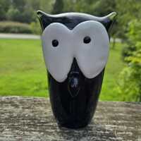 Owl Blown Glass Paperweight - Vintage - 6in tall - Black and White Art Glass