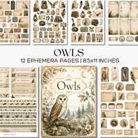 Owl Junk Journal Kit, Woodland Ephemera, Printable Nature Tags, Labels, Washi Strips, Scrapbook Page