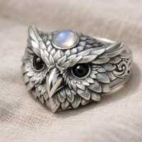 Owl Ring Silver Owl Head Ring Blue Stone Animal Jewelry Gothic Fantasy Statement Ring Wisdom Symbol