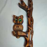 Vintage 1970s Wooden Carved Witco Style Owl on Branch Felt Eyes Wall Hanging
