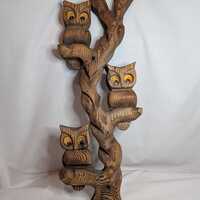 Vintage 1970s Wooden Carved Witco Style Three Owls on Branch Trio Wall Hanging