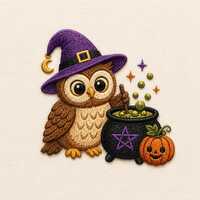 Cute Witch Owl Embroidery Design, Halloween Owl with Cauldron and Pumpkin, Spooky Autumn Machine Emb
