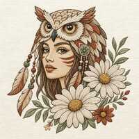 Boho Owl Headdress Woman Machine Embroidery File, Feather and Daisy Floral Girl, Rustic Woodland Sti