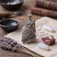 Sterling Silver Celestial Owl Pendant Necklace, Moon Stars Woodland Jewelry