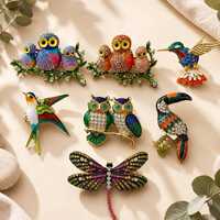 Enamel Crystal Bird Owl Brooch Pin, Vintage Style Animal Lapel Accessory
