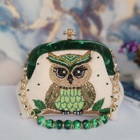 Handmade Beaded Owl Clutch Bag, Suede Evening Purse, Green Embroidered Handbag