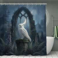 Snowy Owl Shower Curtain, Crescent Moon Gothic Ruins for Mystical Forest Bathroom Decor