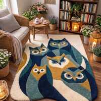 Hand Tufted Wool Owl Family Rug, Modern Nursery Kids Room Decor