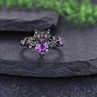 Nature Inspired Owl Amethyst Wedding Rings Gothic Black Gold Twig Leaf Engagement Rings for Women Pr