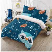 Owl Bedding Set, 4 Piece Teal Woodland Duvet Cover with Flat Sheet and Pillowcases, Kids Twin Full Q