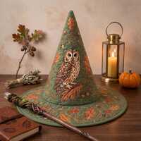Quilted Owl Witch Hat, Celestial Woodland Wizard Costume Accessory, Fall Decor, Autumn Cottagecore