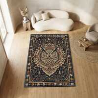 Mystical Wise Owl Mandala Area Rug | Geometric Folk Art Forest Celestial Living Decor | Washable Non