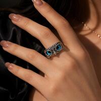Retro Owl Ring, Blue Eye Statement Ring, Adjustable Silver Tone Animal Jewelry