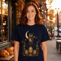 Gothic Owl Halloween Shirt, Crescent Moon and Haunted Cottage Graphic Tee, Mystical Autumn Owl Lover