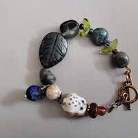 Handcrafted Ceramic Owl with African Green Opal Nuggets Carved Green Aventurine Leaf and Gold Toggle